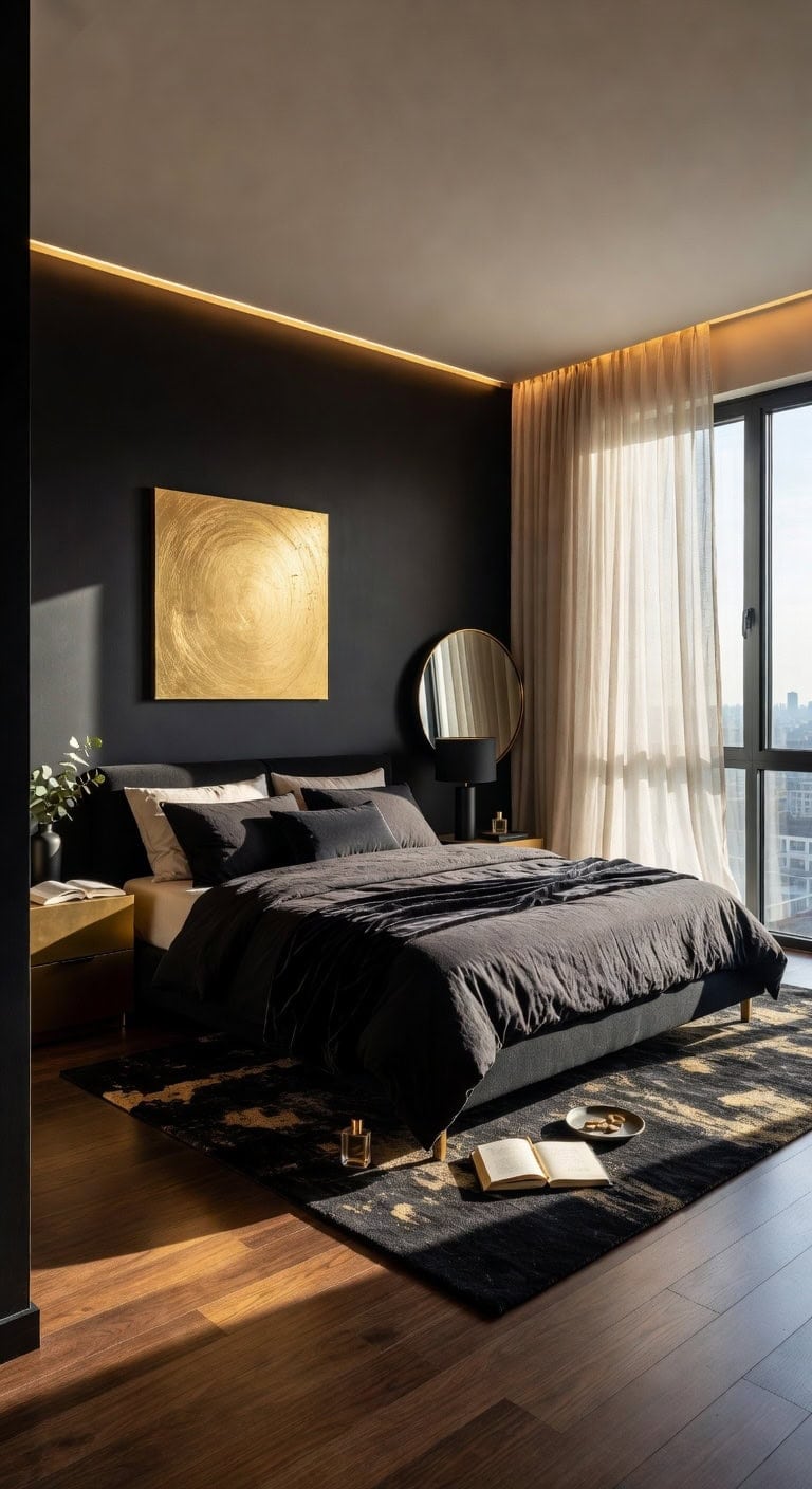 black bed gold accents