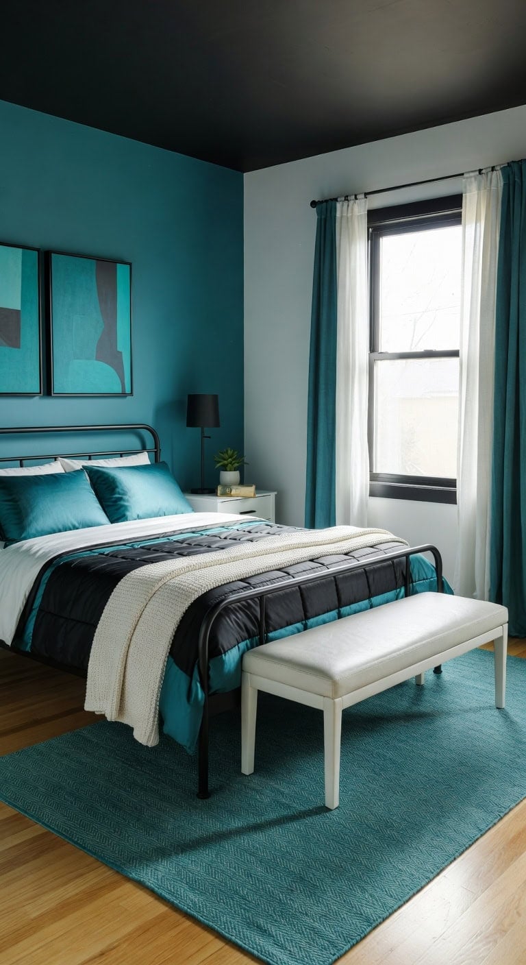 black bed teal accents