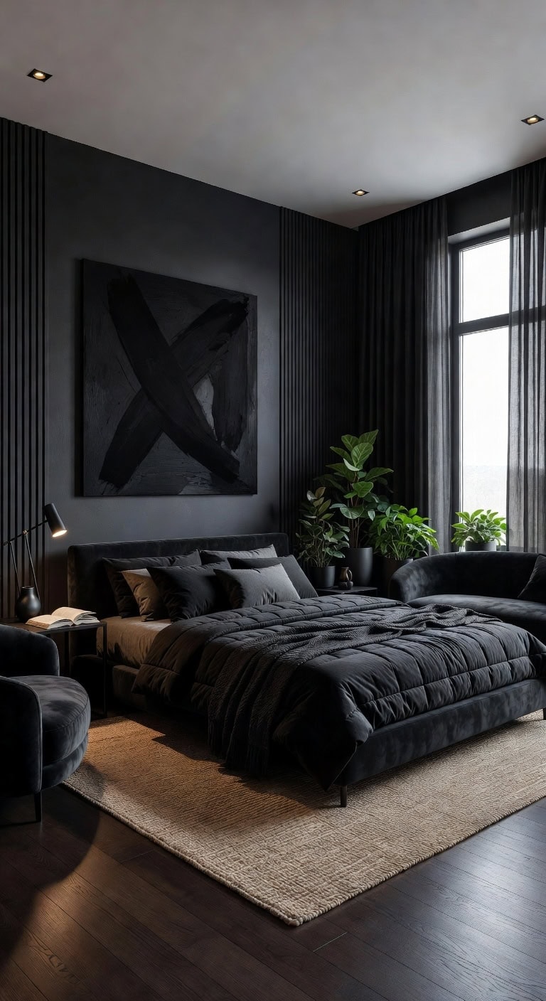 black bedroom with greenery
