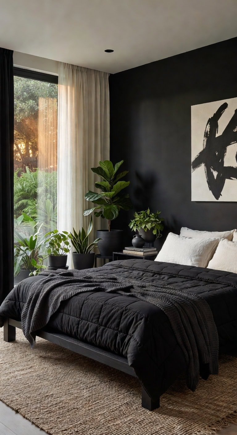 black bedroom with plant black bedroom with plant corner