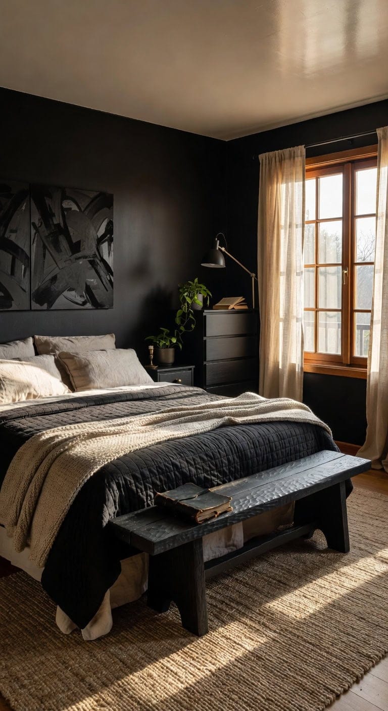 black bench cozy bedroom