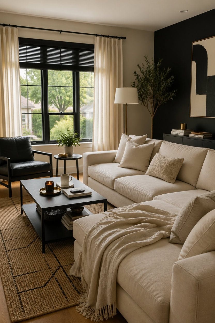 black blinds cream curtains