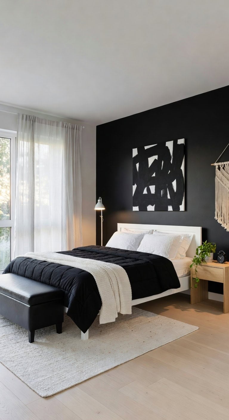black comforter minimalist bedroom