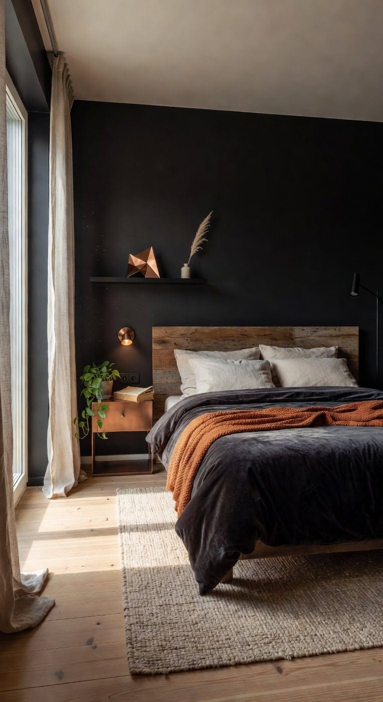 black copper sleek scandinavian bedroom
