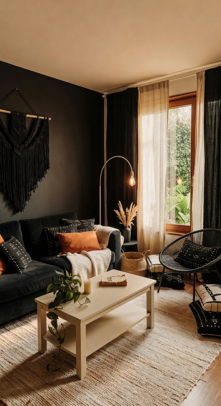 black cream boho living