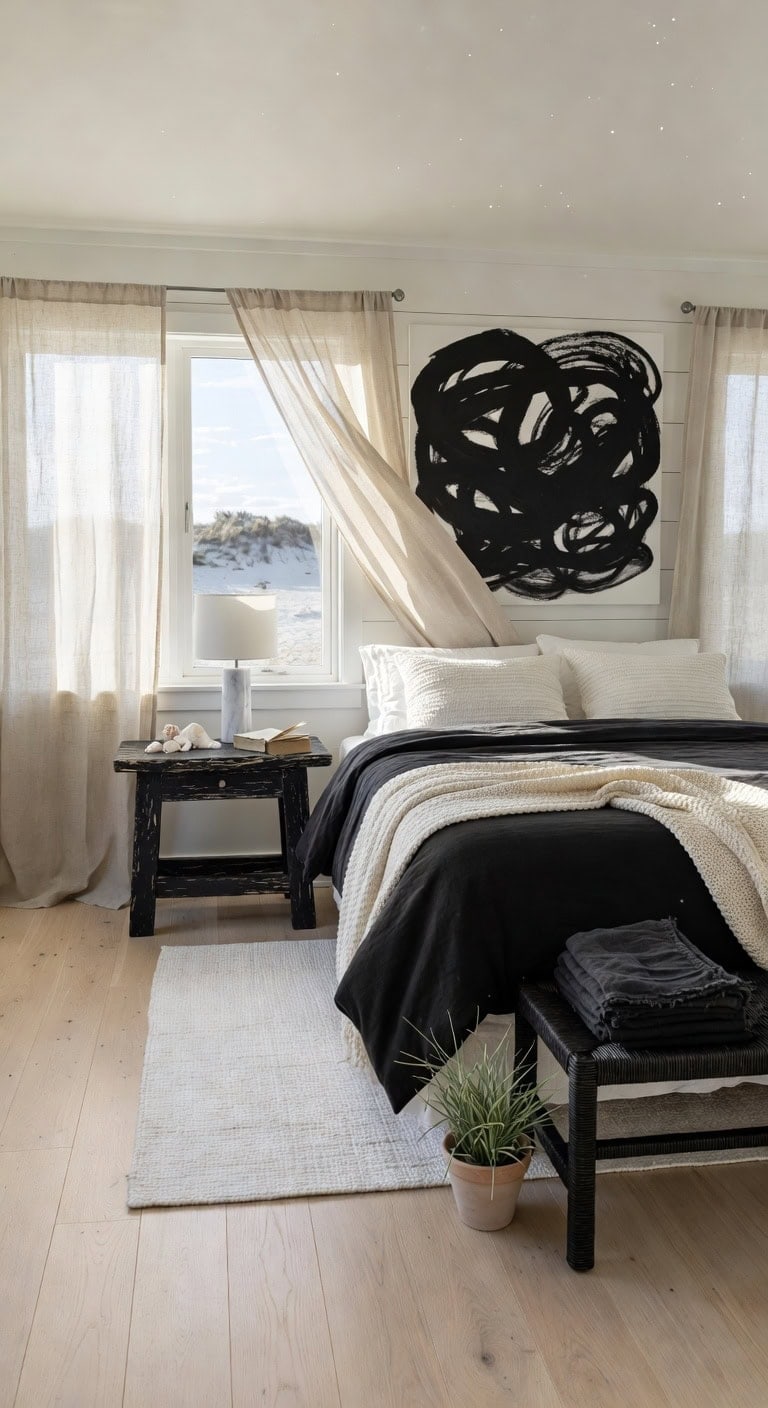 black driftwood beach bedroom