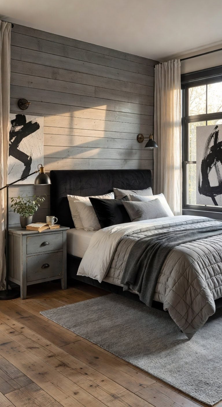 black headboard grey shiplap