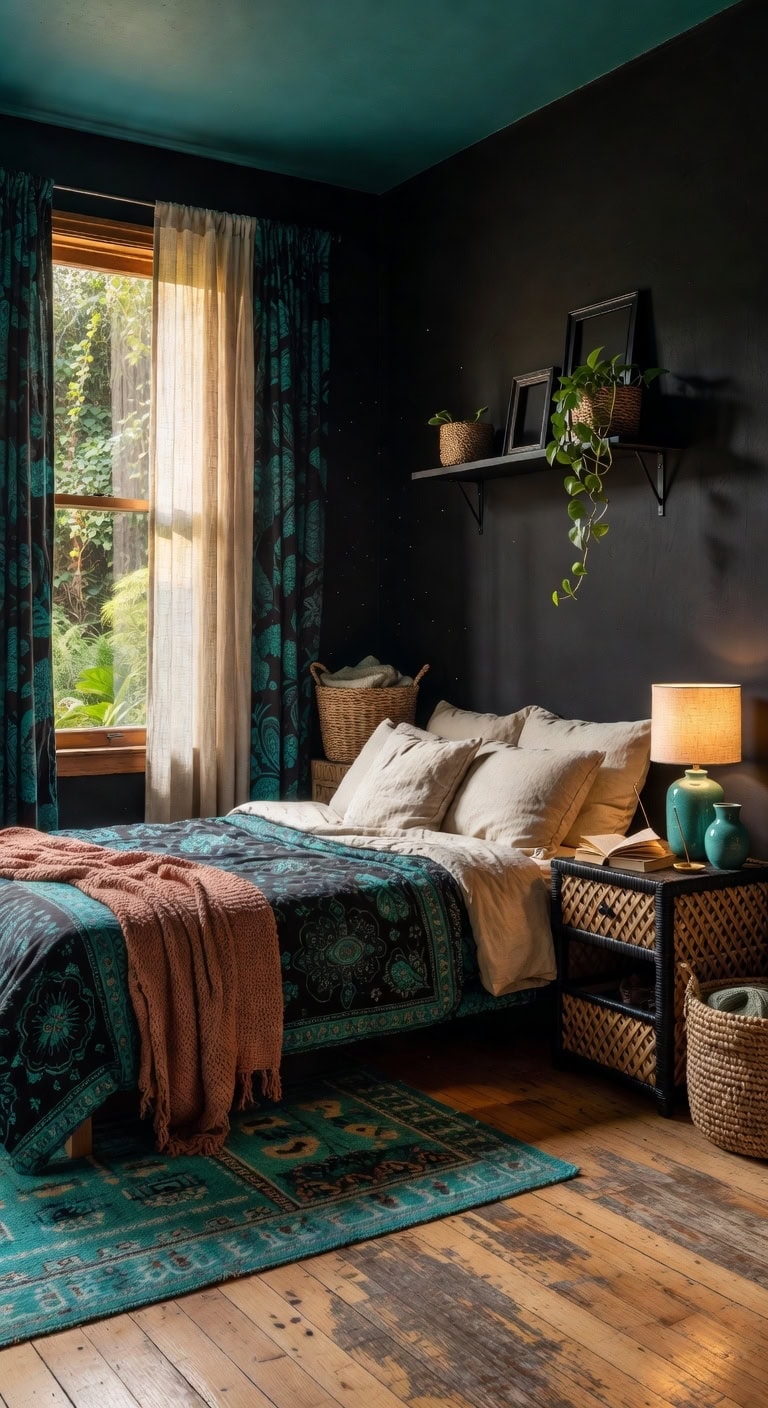 black nightstand teal rattan