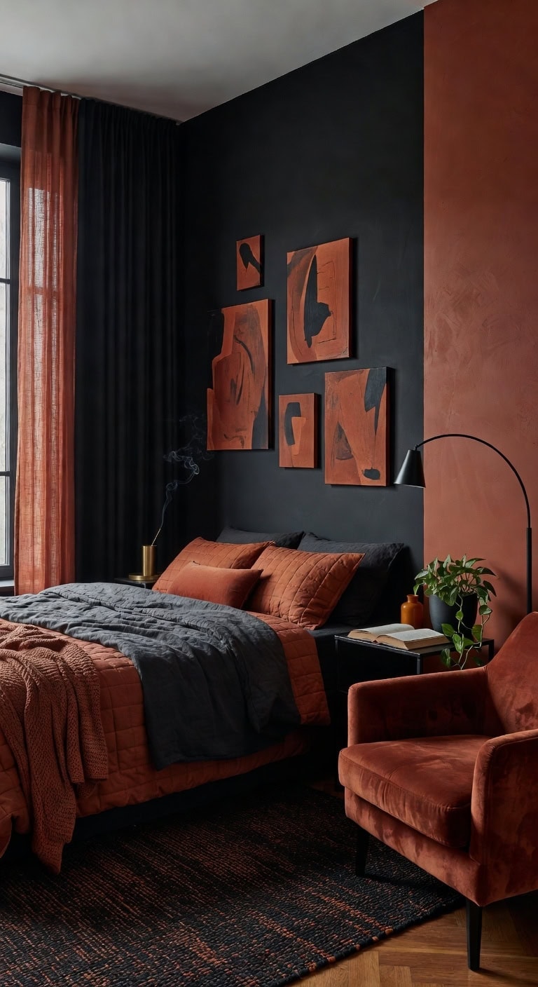 black rust velvet bedroom