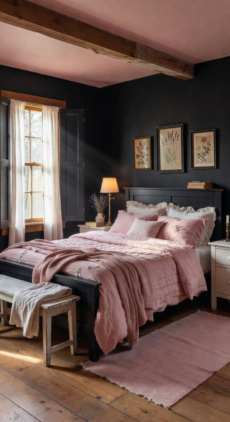 black shutters pink linens