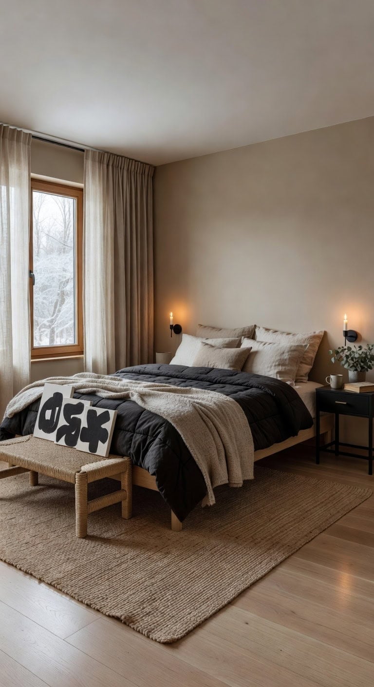 black walls beige throws