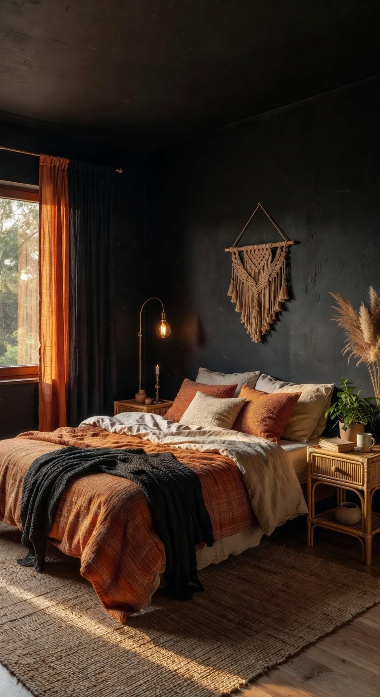 black walls burnt orange boho
