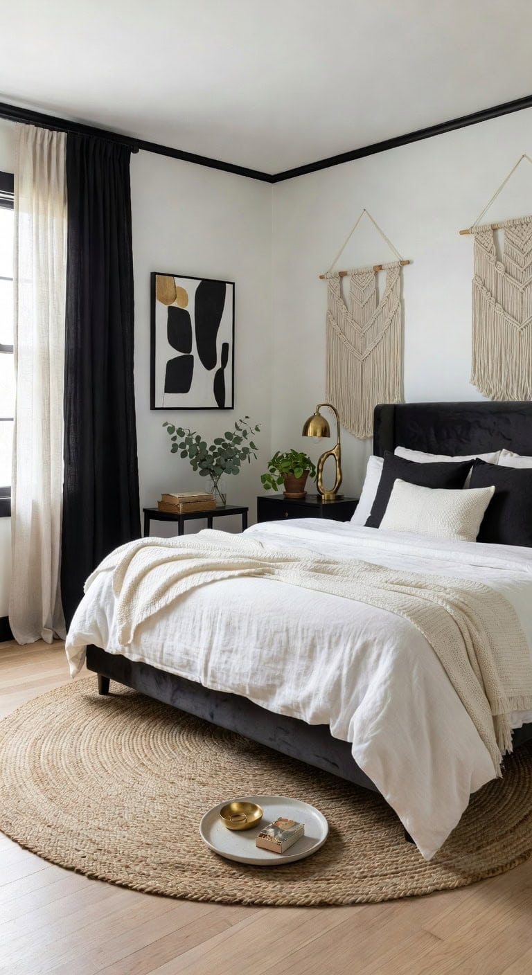 black white boho bedroom