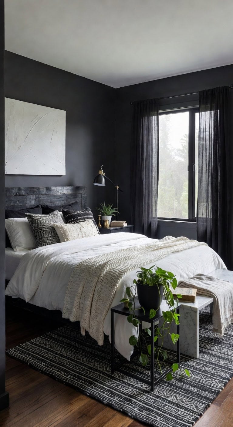 black white boho bedroom