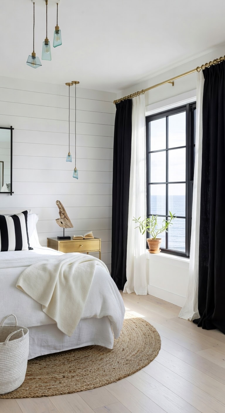black white coastal bedroom