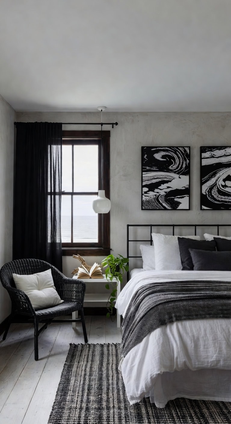 black white coastal bedroom