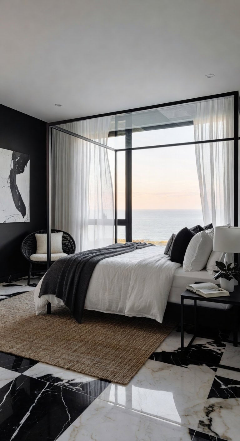 black white coastal bedroom