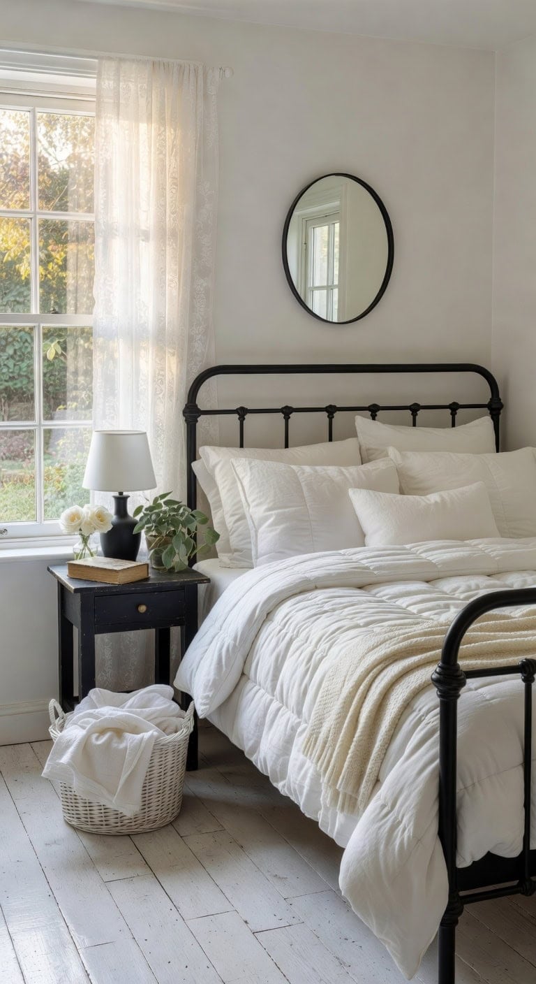 black white cottage bedroom