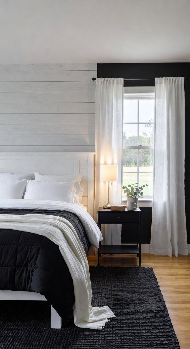 black white farmhouse bedroom