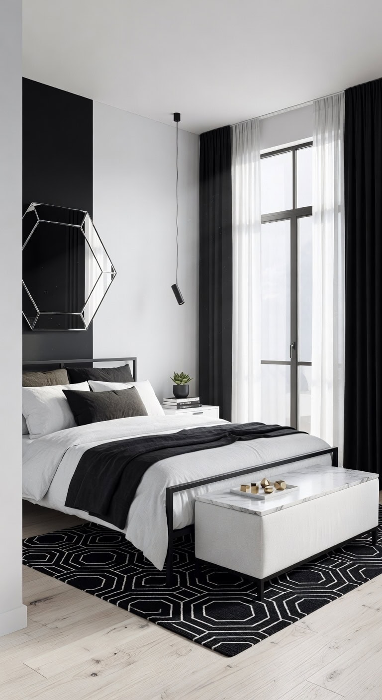 black white geometric bedroom