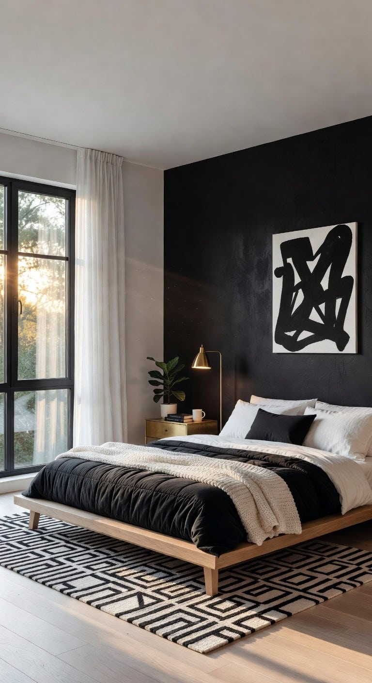 black white minimalist bedroom