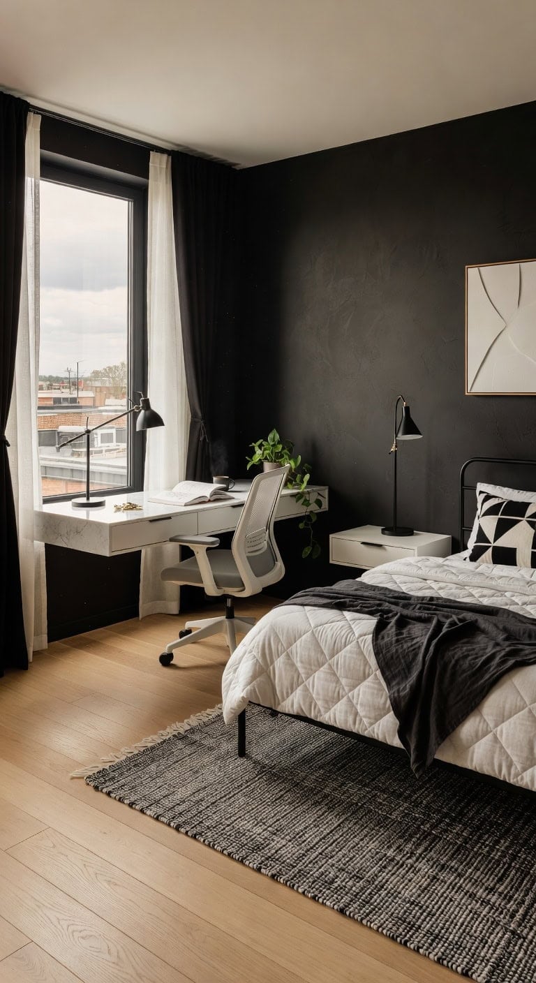 black white office bedroom