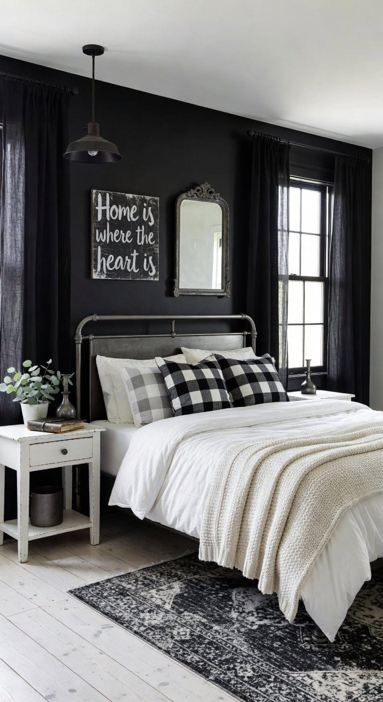 black white pewter farmhouse bedroom