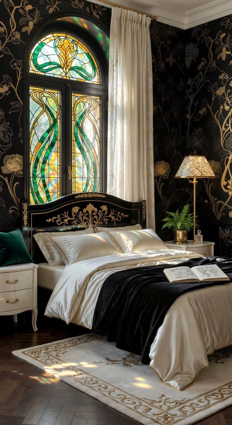 black white retro gallery bedroom