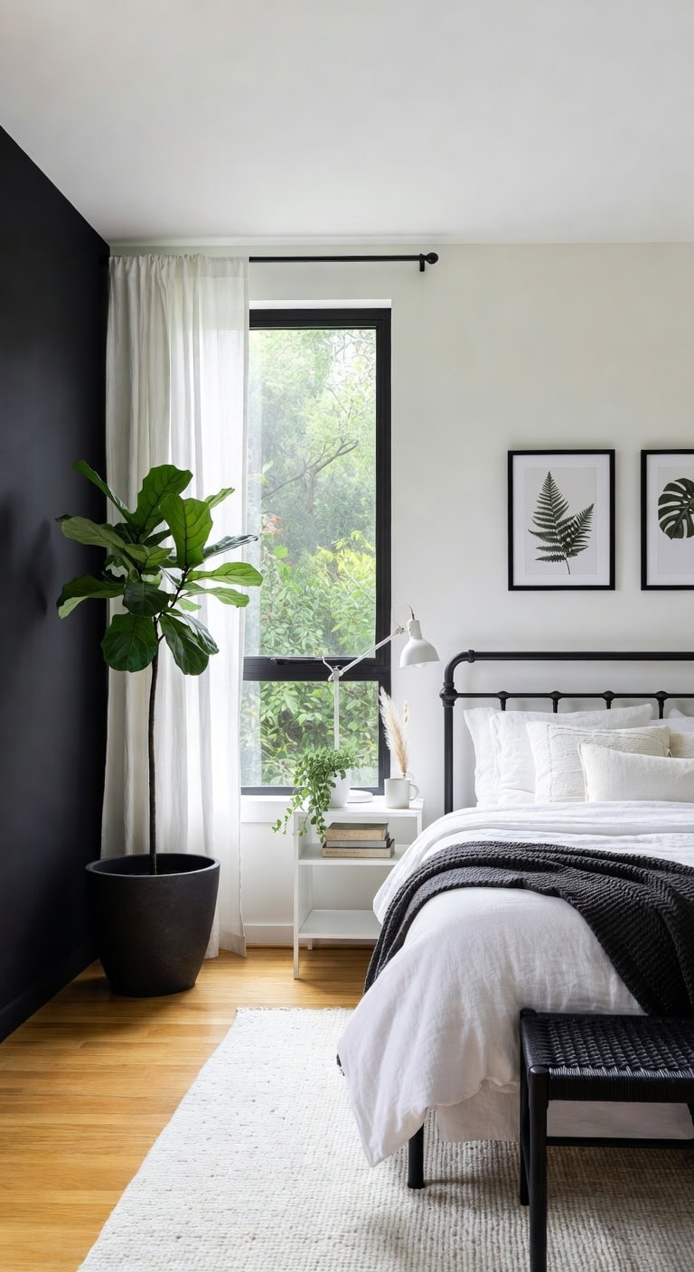 black white urban jungle bedroom