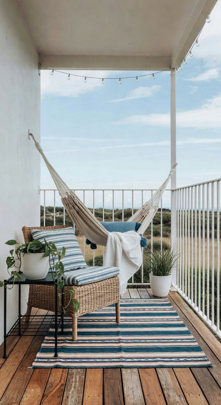 blue and white boho balcony