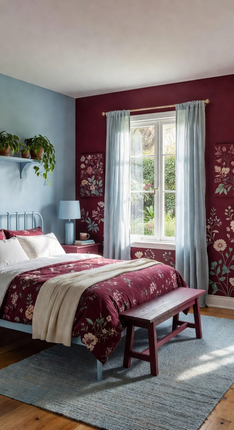 blue burgundy garden bedroom