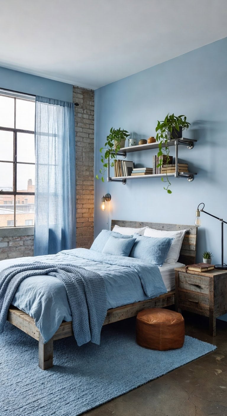 blue industrial bedroom retreat