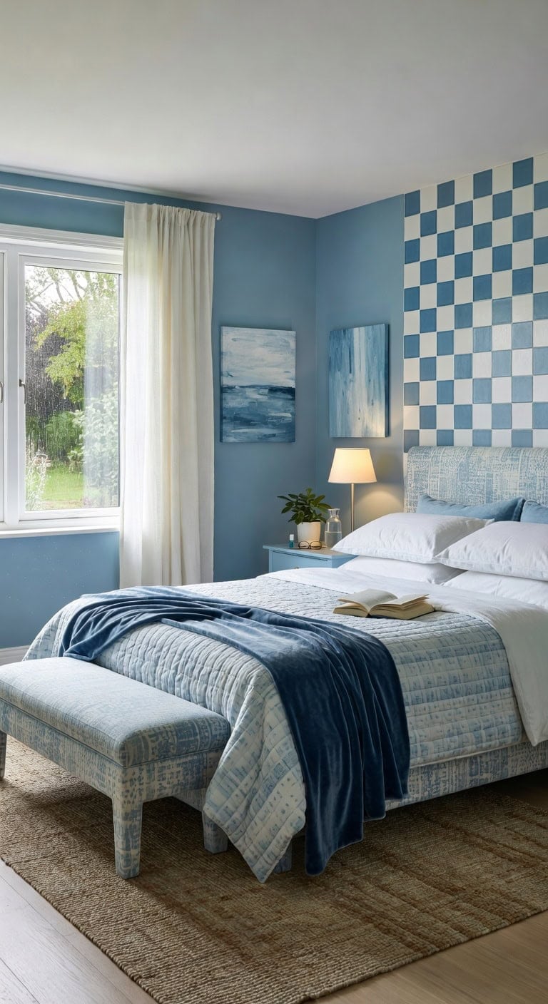 blue white checkerboard bedroom