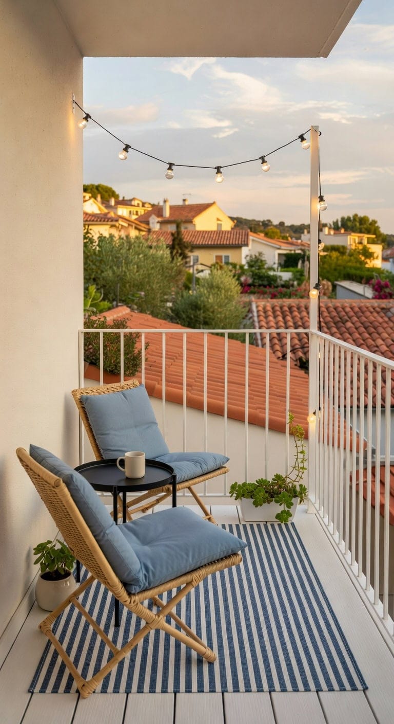 blue white cozy minimalist balcony