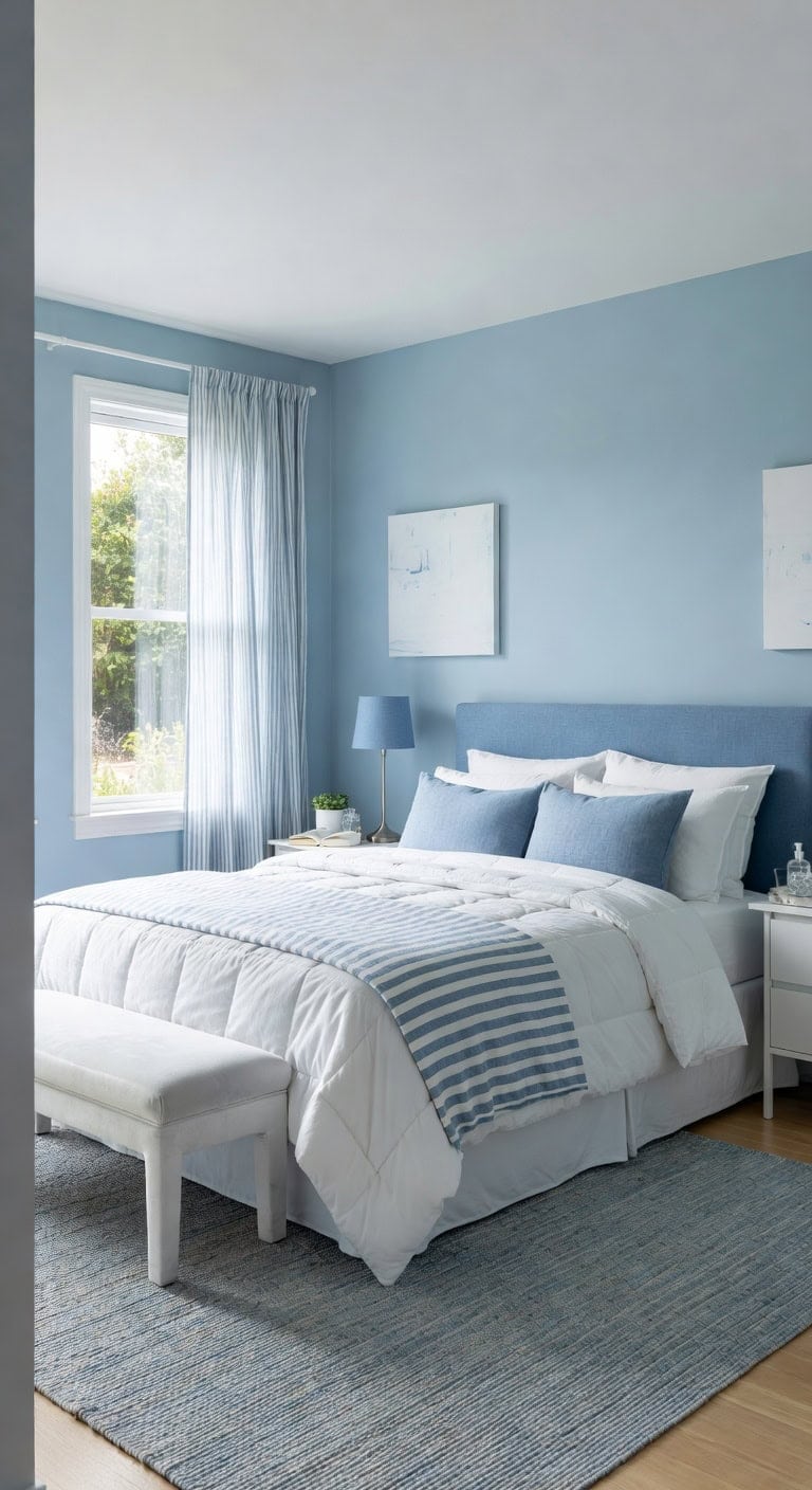 blue white striped bedroom