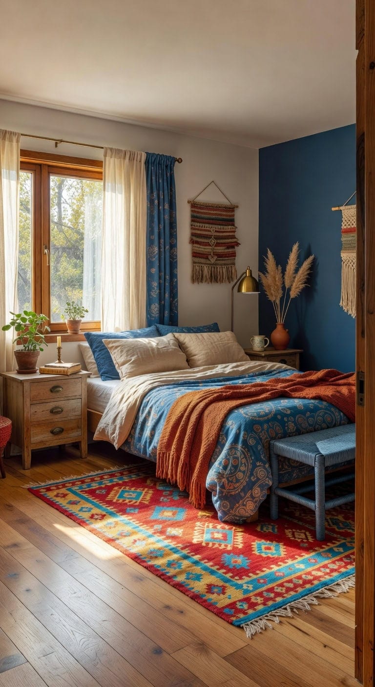 blue wood bohemian bedroom