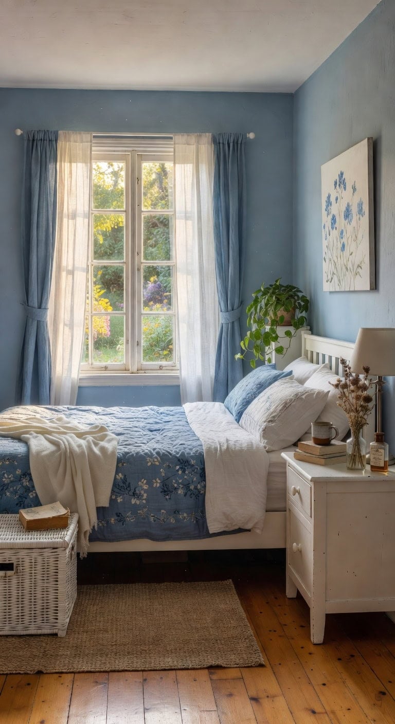 blue wood cottage bedroom
