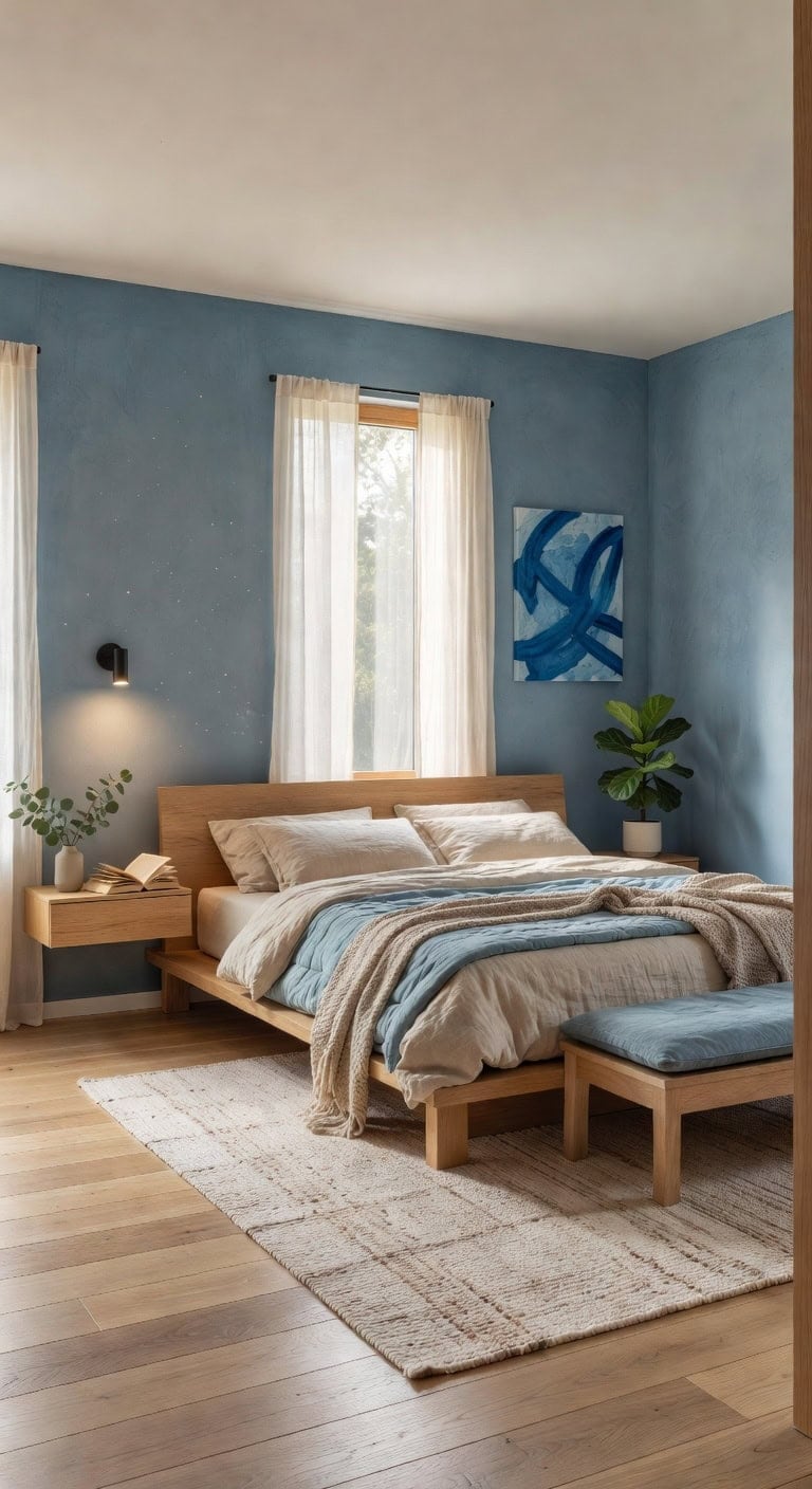 blue wood minimalist bedroom