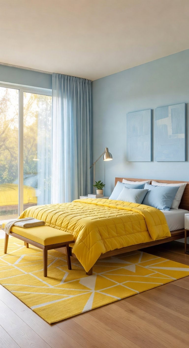 blue yellow modern bedroom