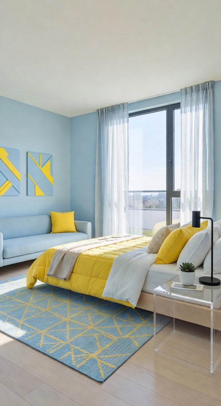 blue yellow modern bedroom