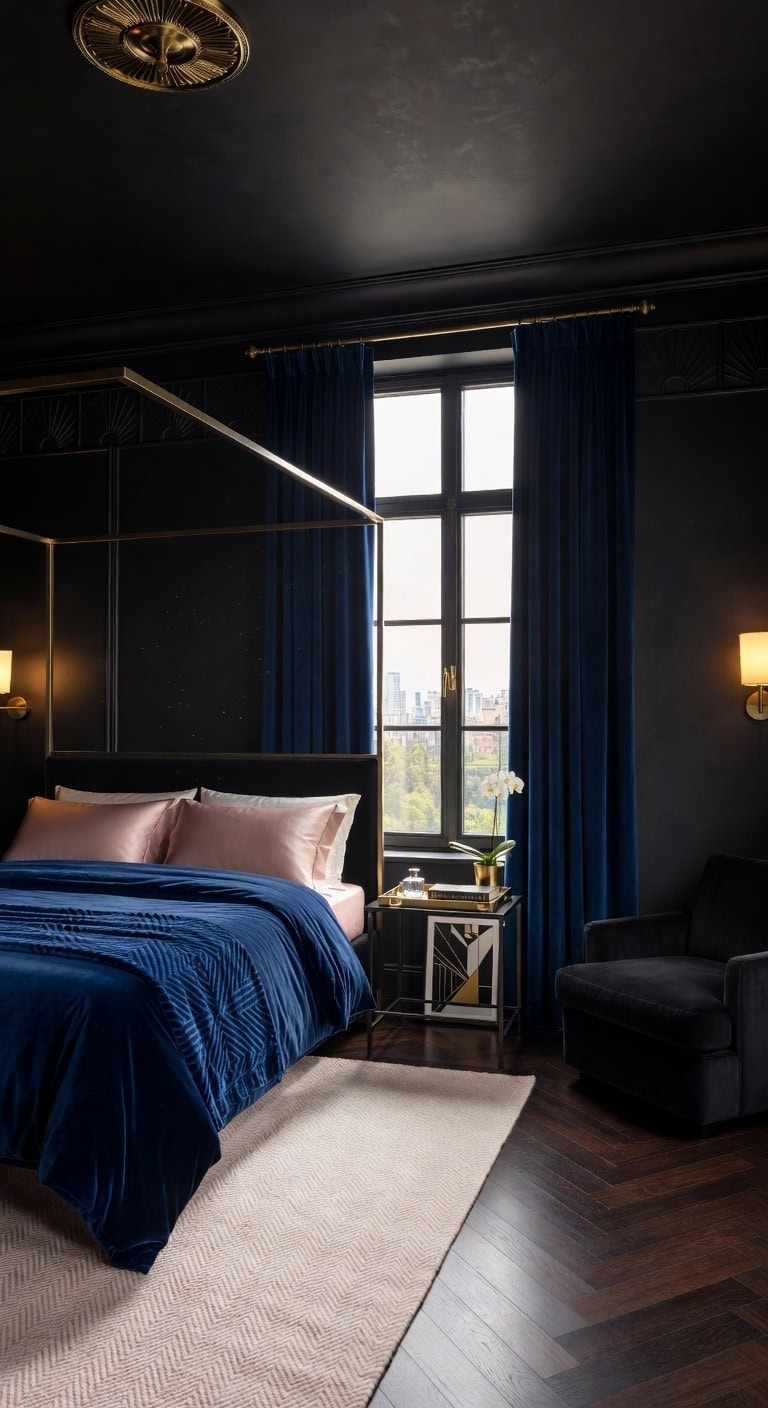 blush pink black bedroom