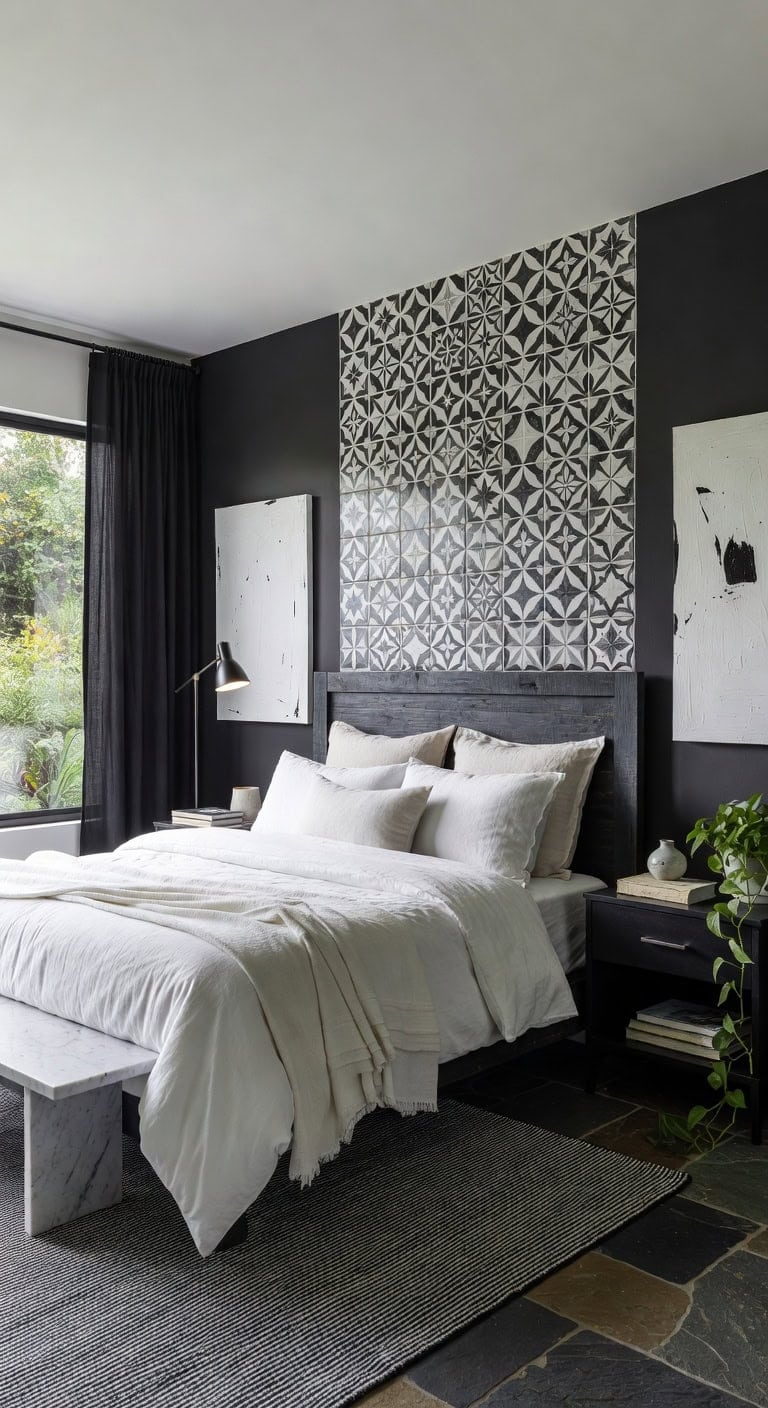 boho black white bedroom