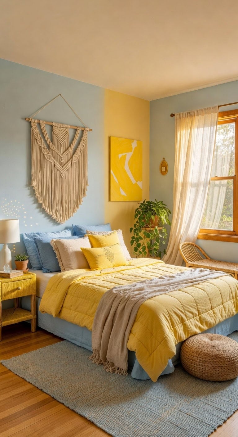 boho blue yellow bedroom