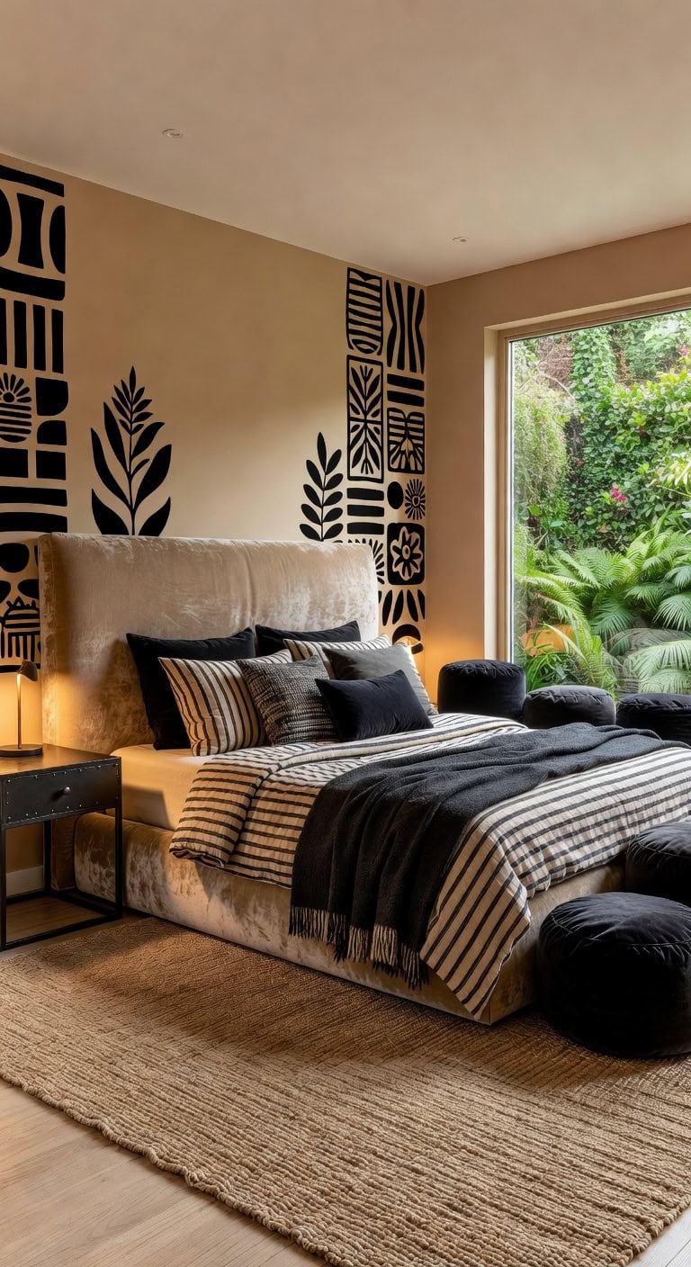 bold beige black bedroom contrast