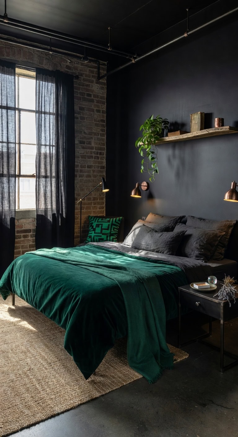 bold black emerald industrial bedroom