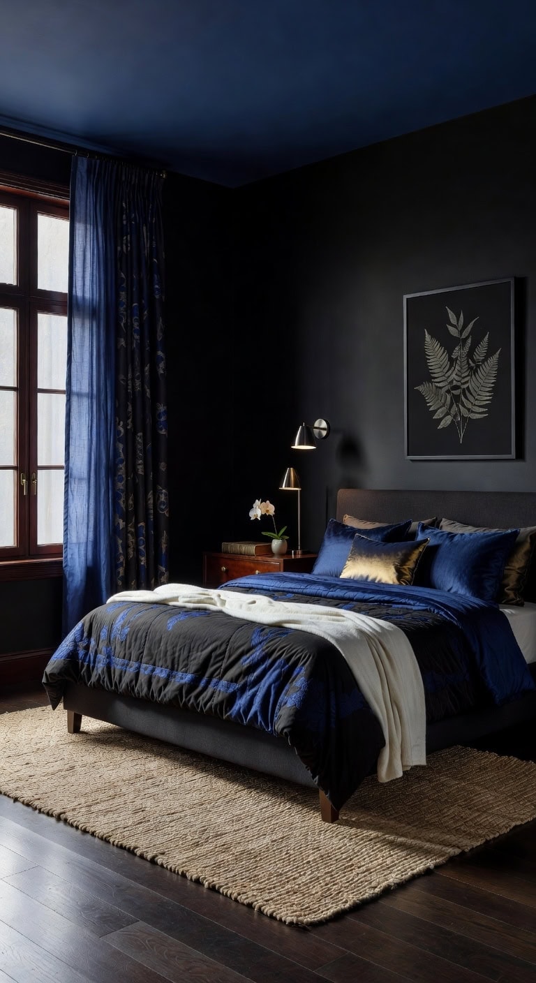 bold black indigo bedroom