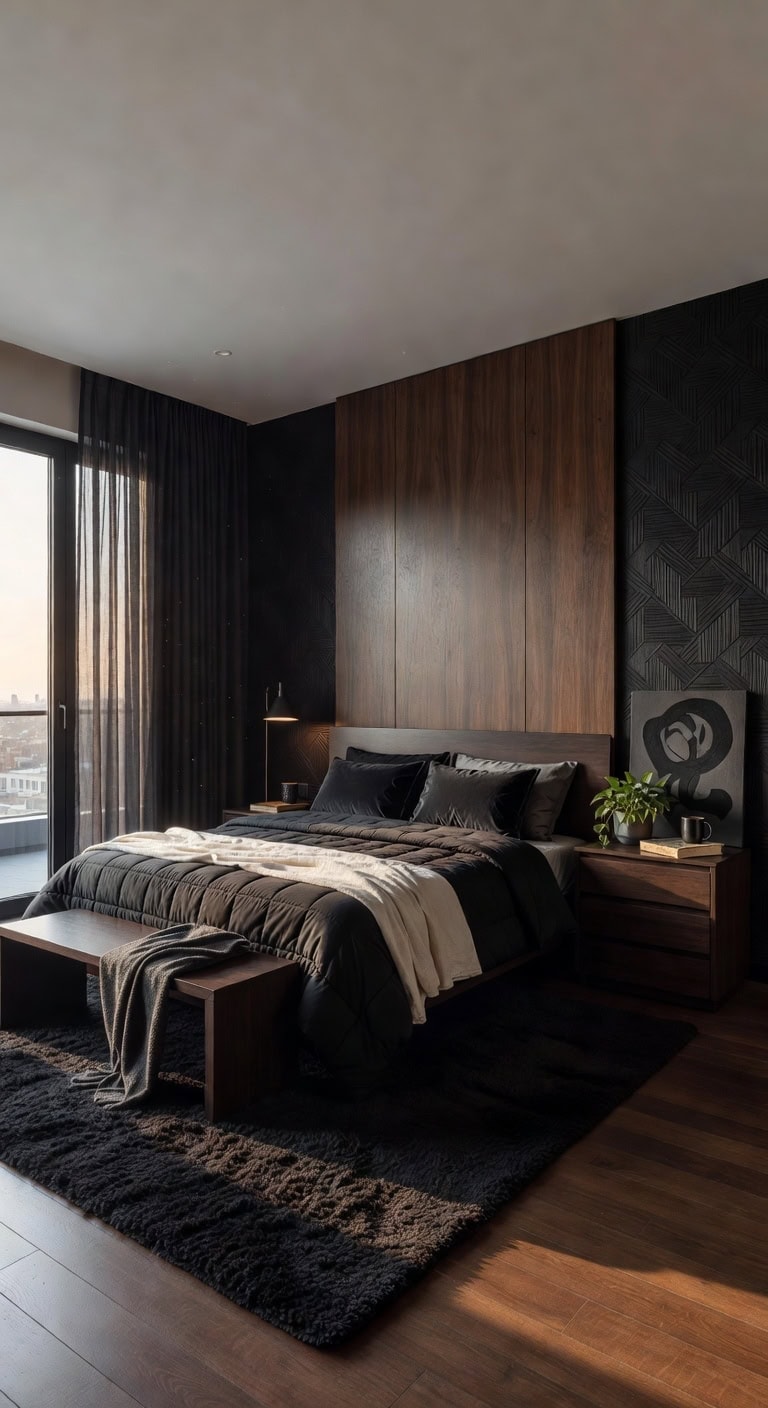 bold black textured bedroom