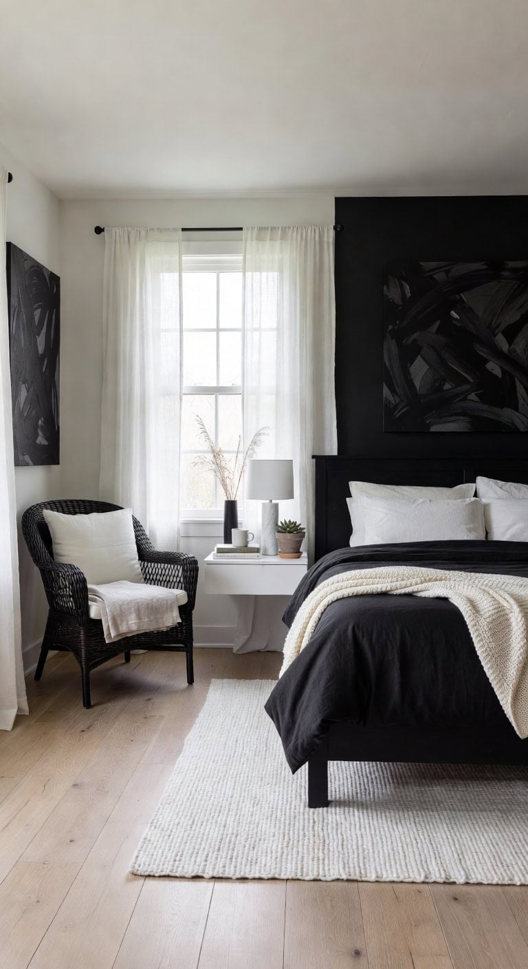 bright black white sunrise bedroom