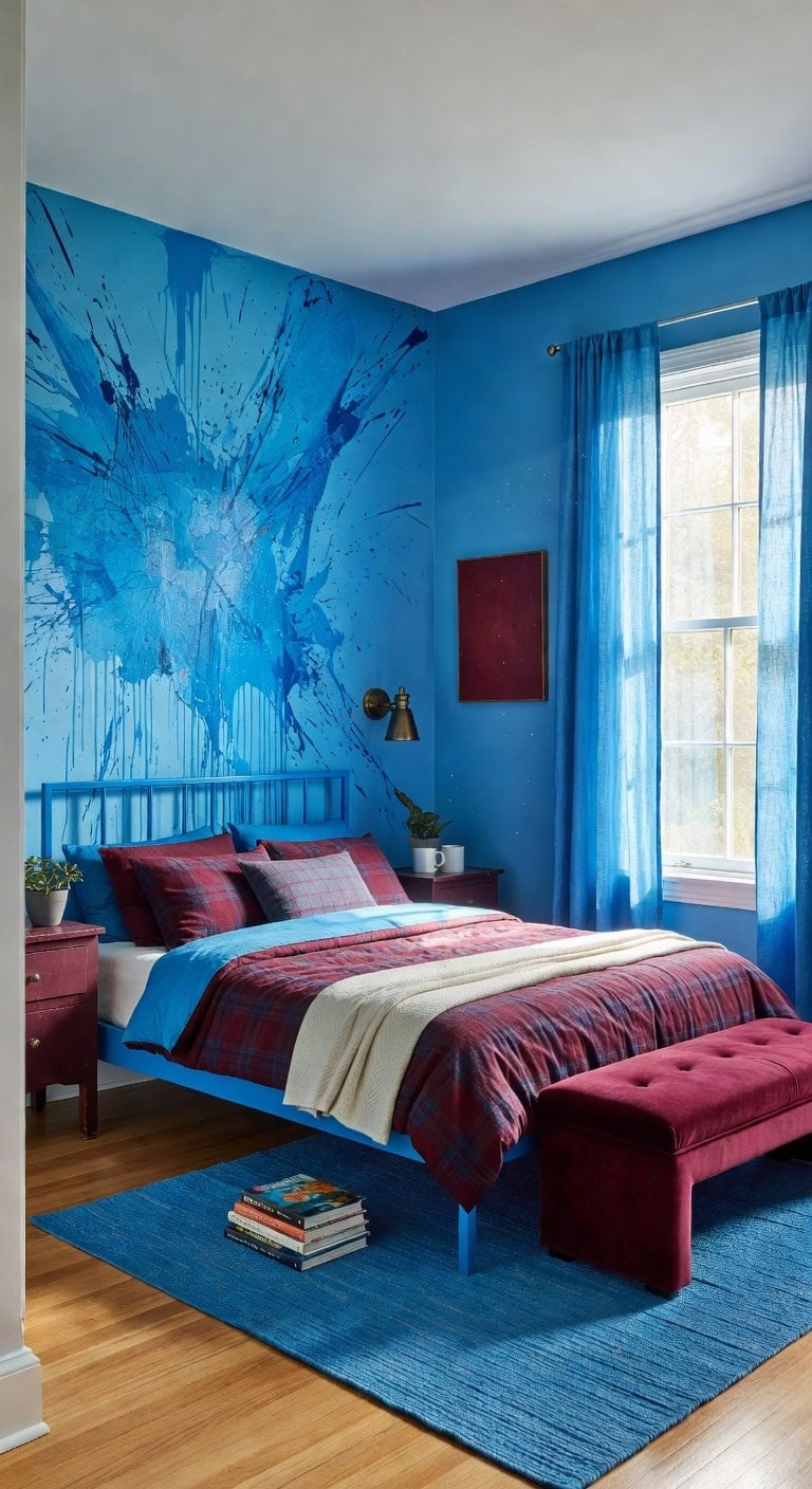 bright blue burgundy bedroom