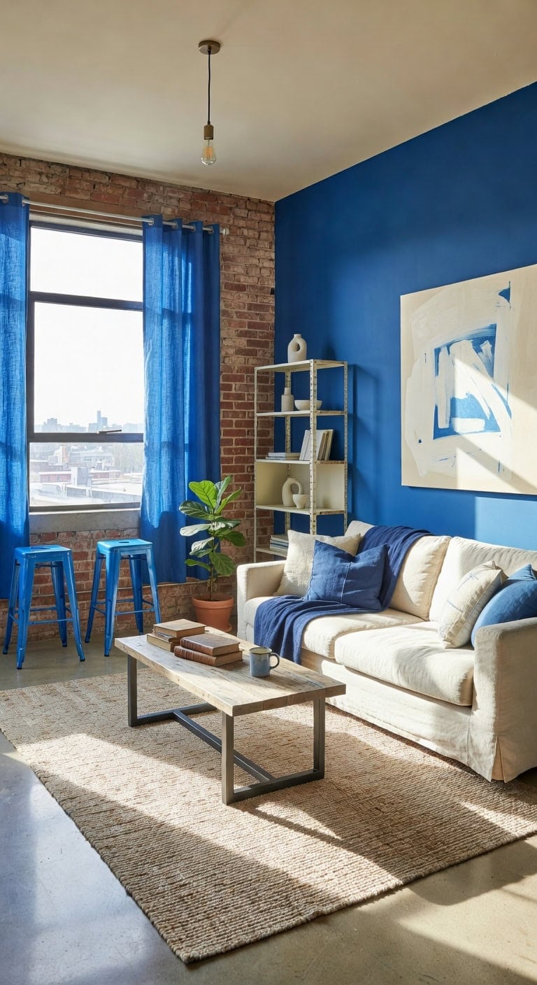 bright blue industrial loft